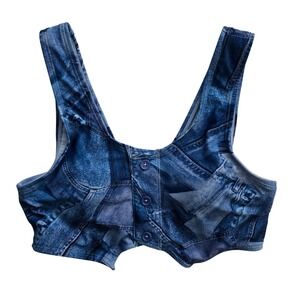 Simons Vision Women's Bikini Top Blue Denim Jean Print Padded Bralette Blue XS